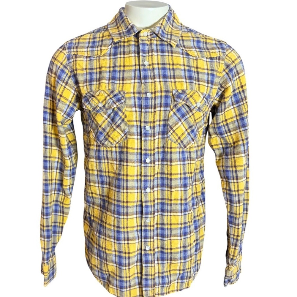 Chor Mens Yellow Blue Plaid Western Pearl Snap Flannel Shirt Size Large Cotton